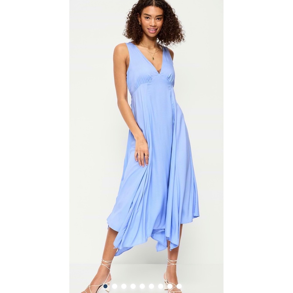 Old Navy Blue V Neck Handkerchief Midi Dress Tie Waist Flowy Boho Resort - M